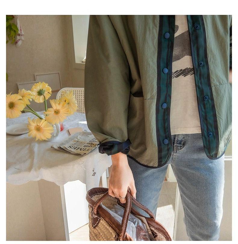 Women's Versatile Reversible Plaid Short Jacket - Korean Style, Spring/Autumn 2025, Loose Fit, Small Size Trench Coat