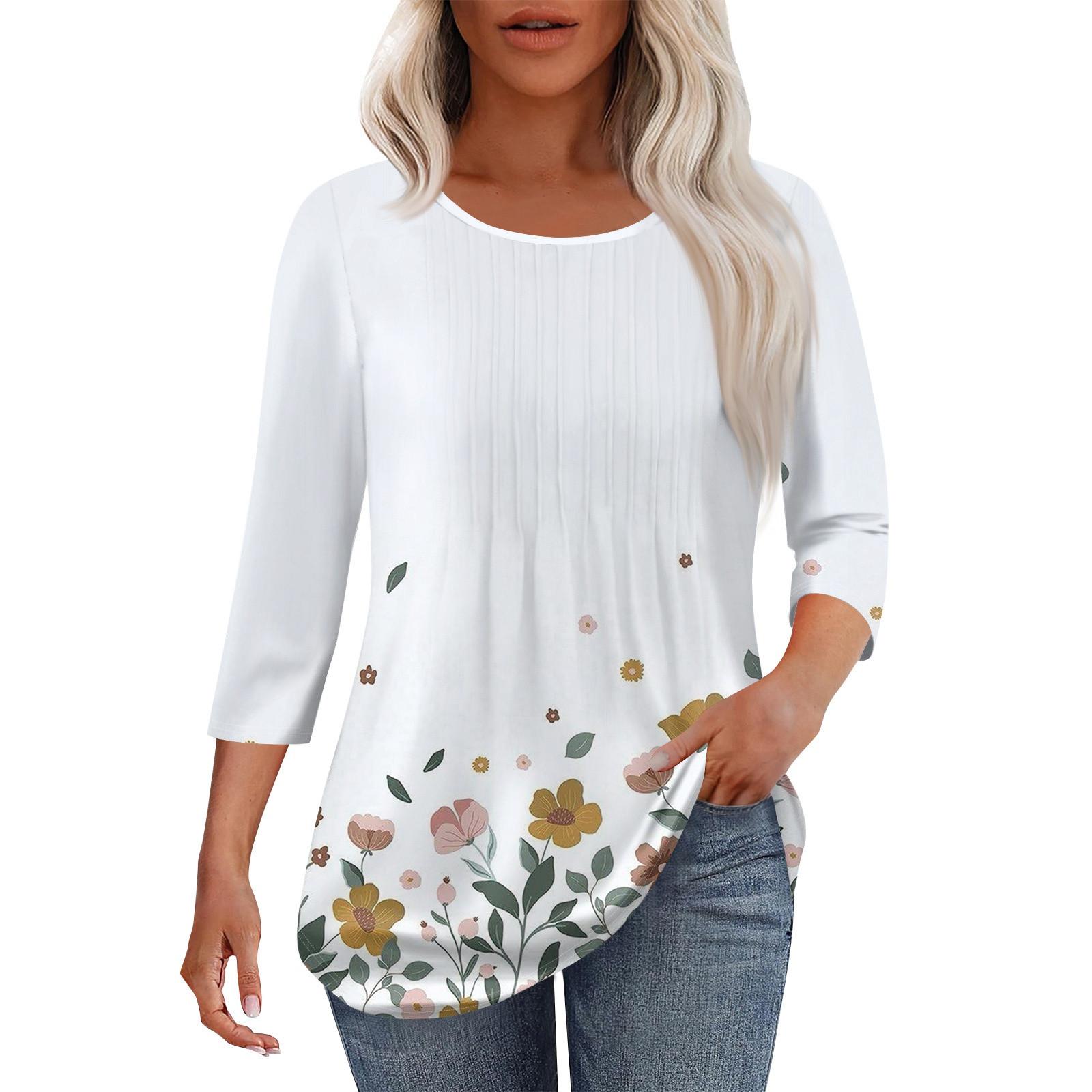 

Женская модная повседневная плиссированная футболка с круглым вырезом и принтом в стиле досуга с рукавом семь четвертей XL белый