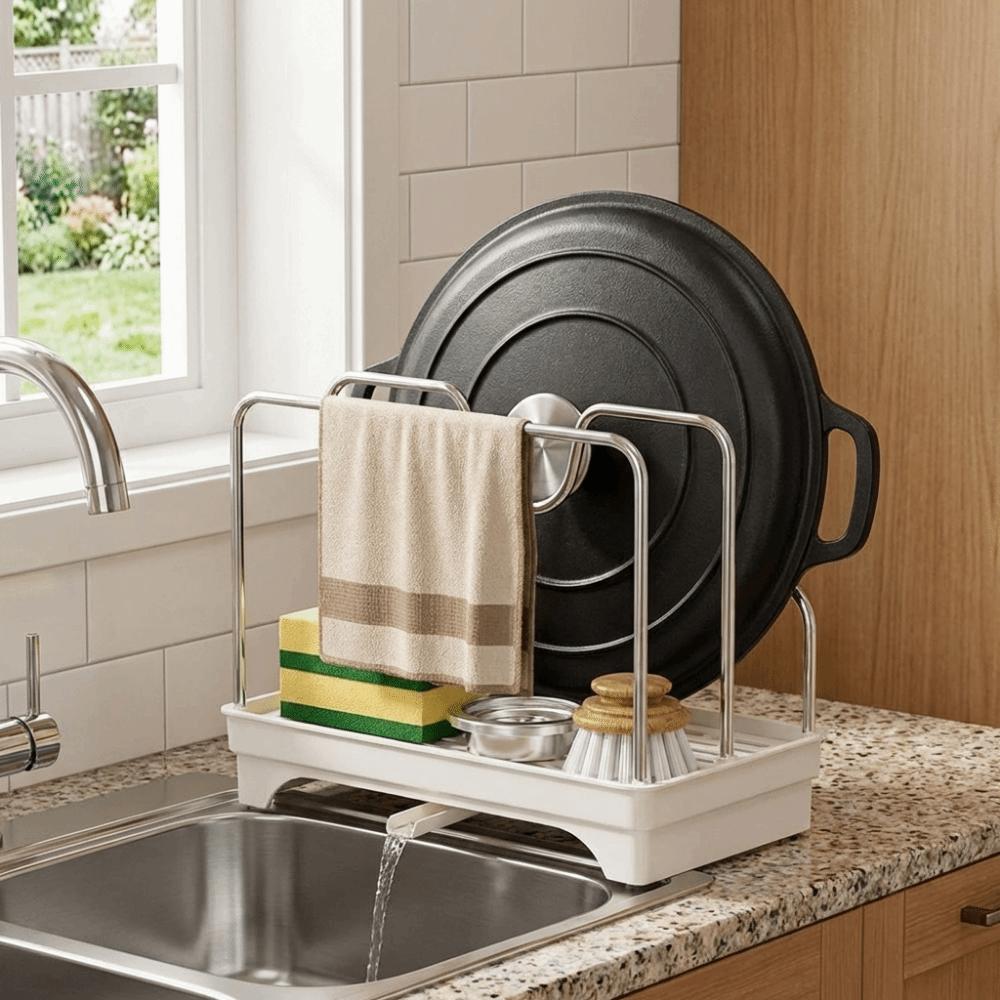 Stable Pot Cover Shelf Stainless Steel Sponge Holder Practical Pot Lid Rack  Counter-top Storage