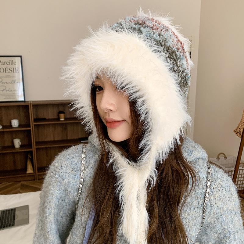 Autumn and Winter New Warm Furry and Cute Ear Protection Hat for Women with Dopamine Straps Korean Style Lei Feng Plush Hat To Keep Out The Cold
