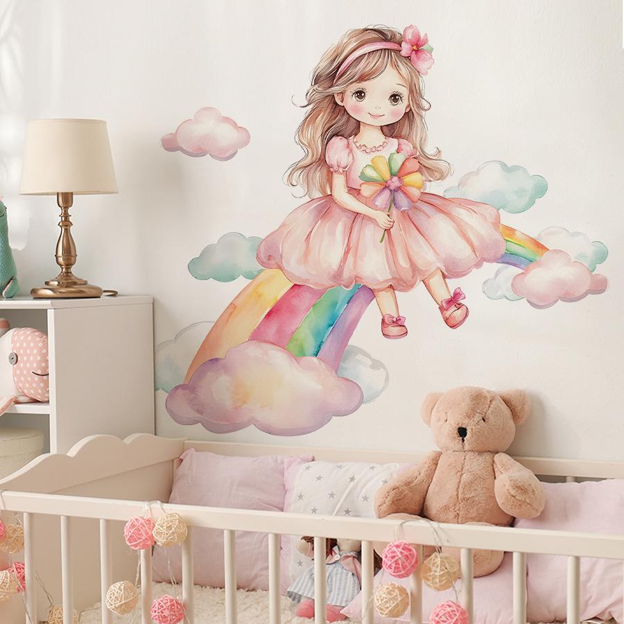 Cute Cartoon Girl on Cloud with Rainbow Bridge Wall Stickers, Self-Adhesive Kids Room Kindergarten Decor for Wall Decoration