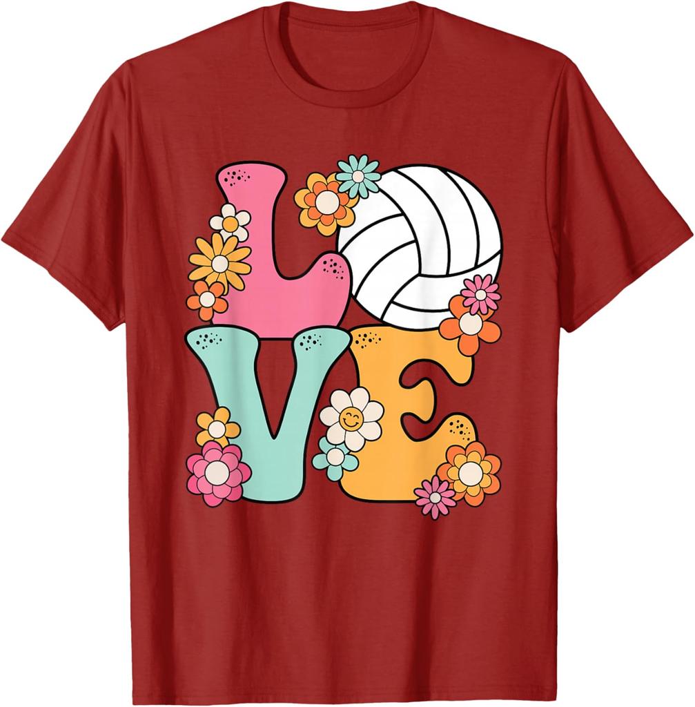 Volleyball Love Retro Flowers Graphic Tee Women Girls Casual Short Sleeve T-Shirt