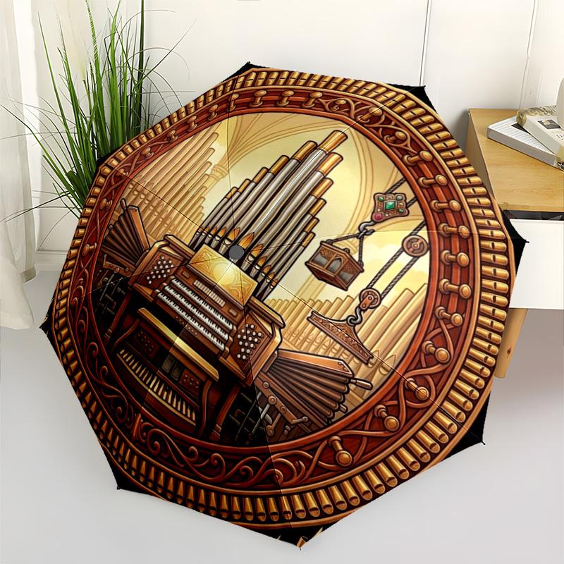 Golden Organ Symphony Pattern Umbrella, Portable and Foldable Design, 8 Ribs, a Casual Accessory for Halloween, Christmas, and Birthday Gifts.