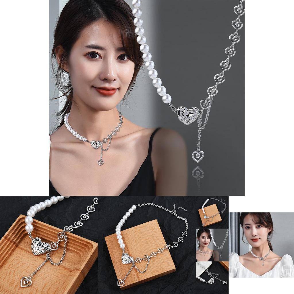 Elegant Korean Style Titanium Steel Heart Shaped Necklace With Pearl Chain Design