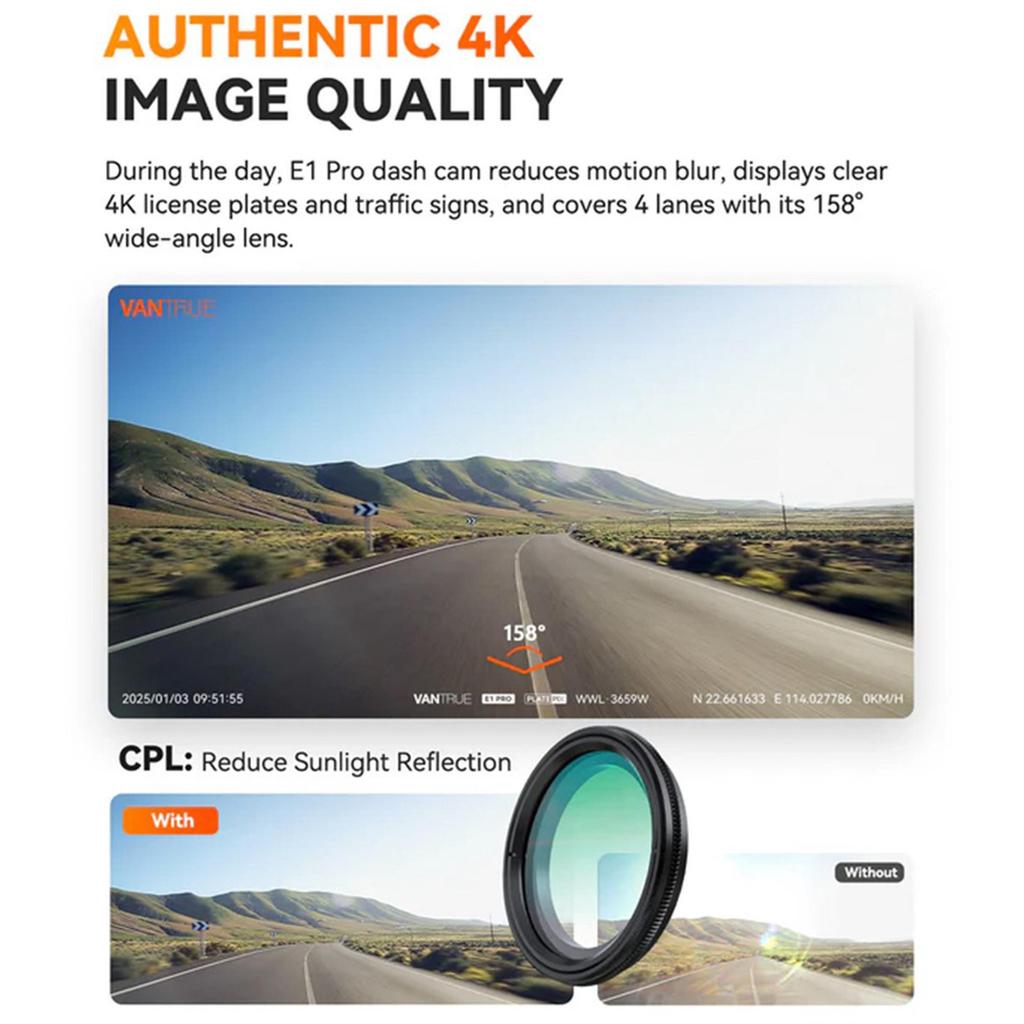 VANTRUE E1 Pro 4K Mini Dash Cam Front, STARVIS 2 PlatePix™ HDR Night Vision Car Camera, 5G WiFi GPS