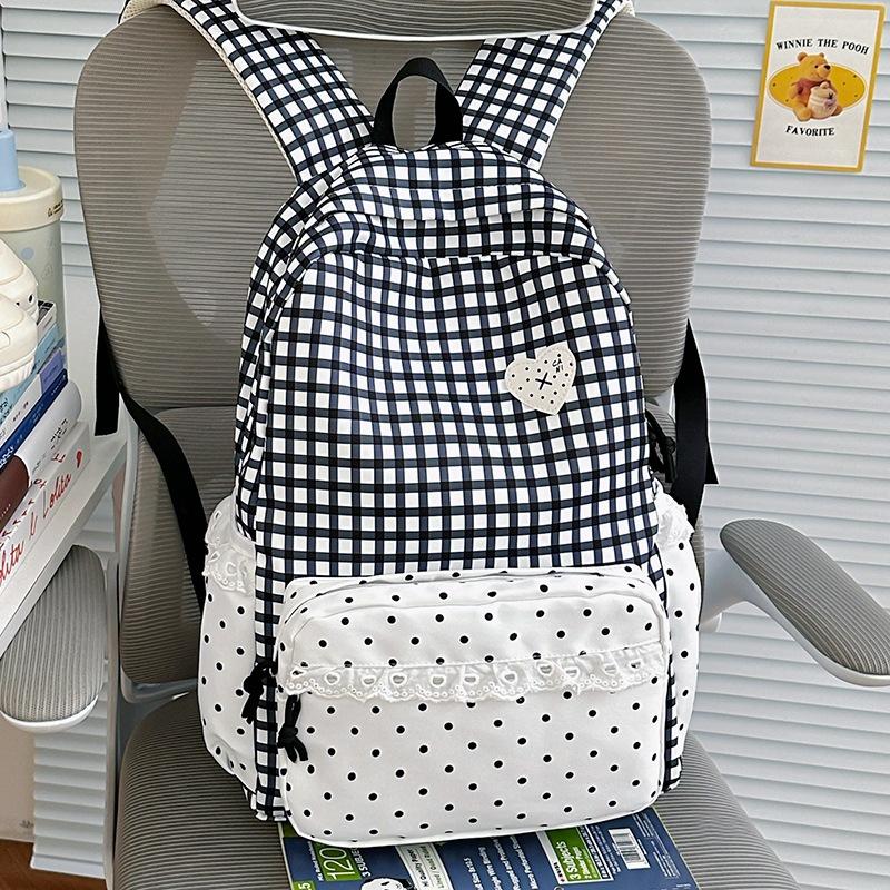 Schoolbag new small fresh plaid lace backpack women's daily versatile large capacity going out commuting student schoolbag backpack