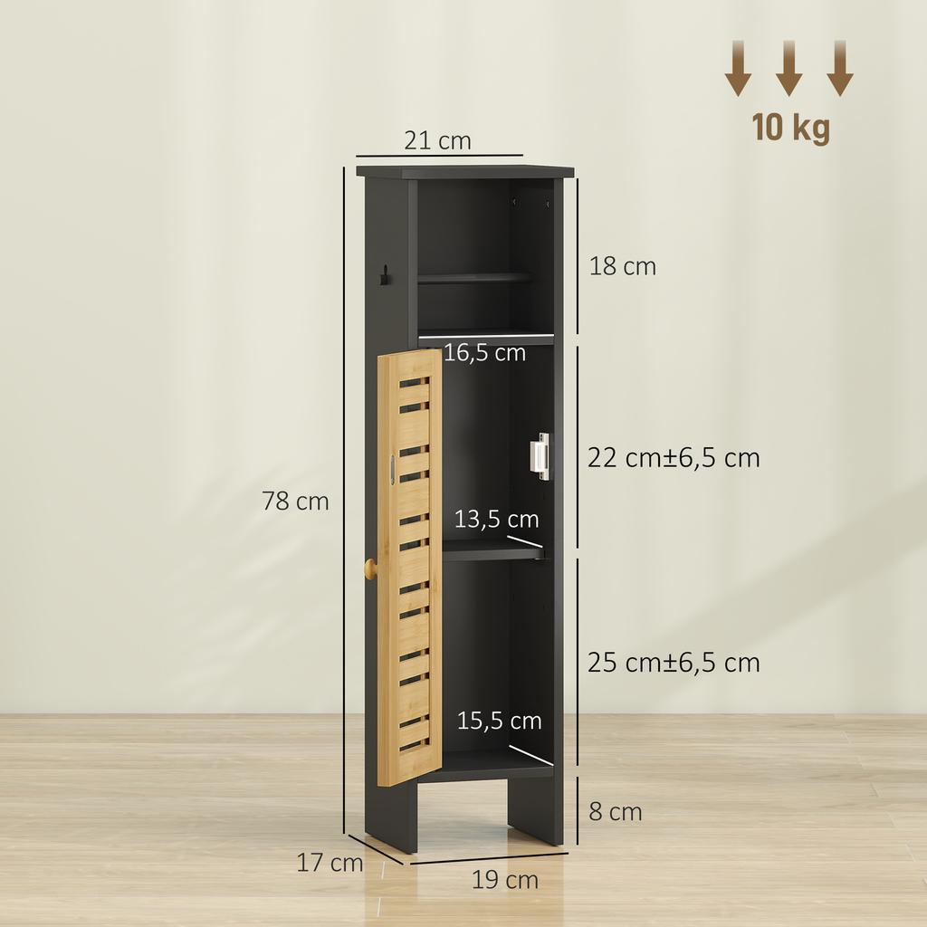 Bathroom Cabinet with Toilet Paper Holder, Removable Bar, 3 Tiers + Dispenser, 78 cm, Black Bamboo