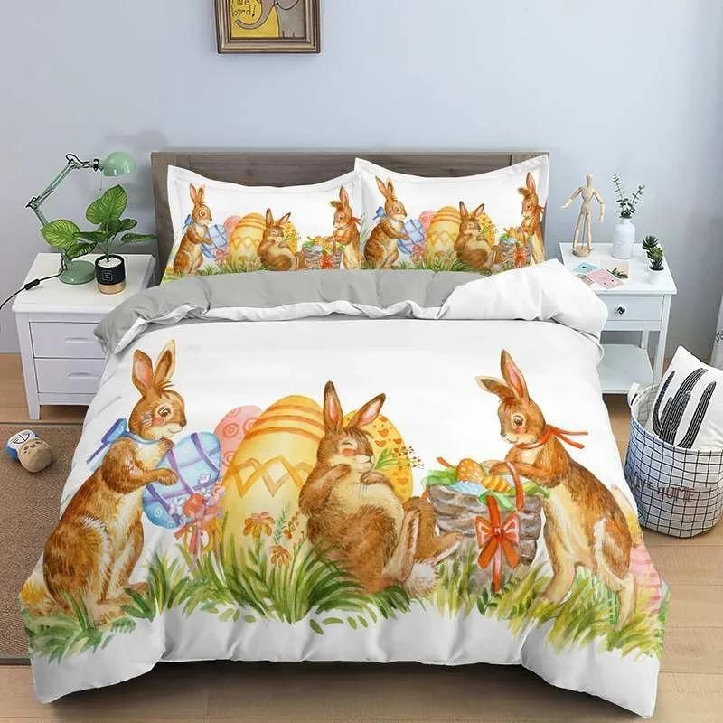 Cartoon Rabbit King Queen Duvet Cover Pet Animal Carrot Bedding Set for Kids Easter Theme Bule Polyester Quilt Cover