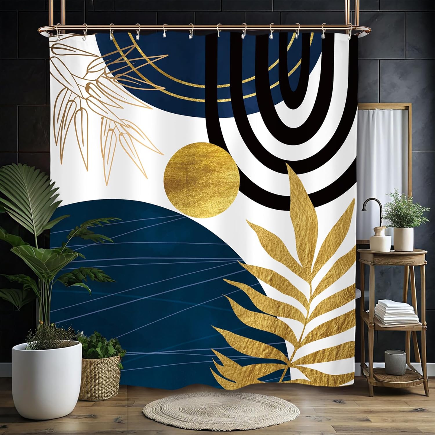 

Abstract Modern Shower Curtain Set Minimalist Black Blush Pink Mid Century Aesthetic Plant Contemporary Art Polyester Waterproof W60H190(CM)-1 Pcs