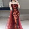 Fish tail evening dress burgundy tube top sequined dress temperament bride engagement banquet host toast dress