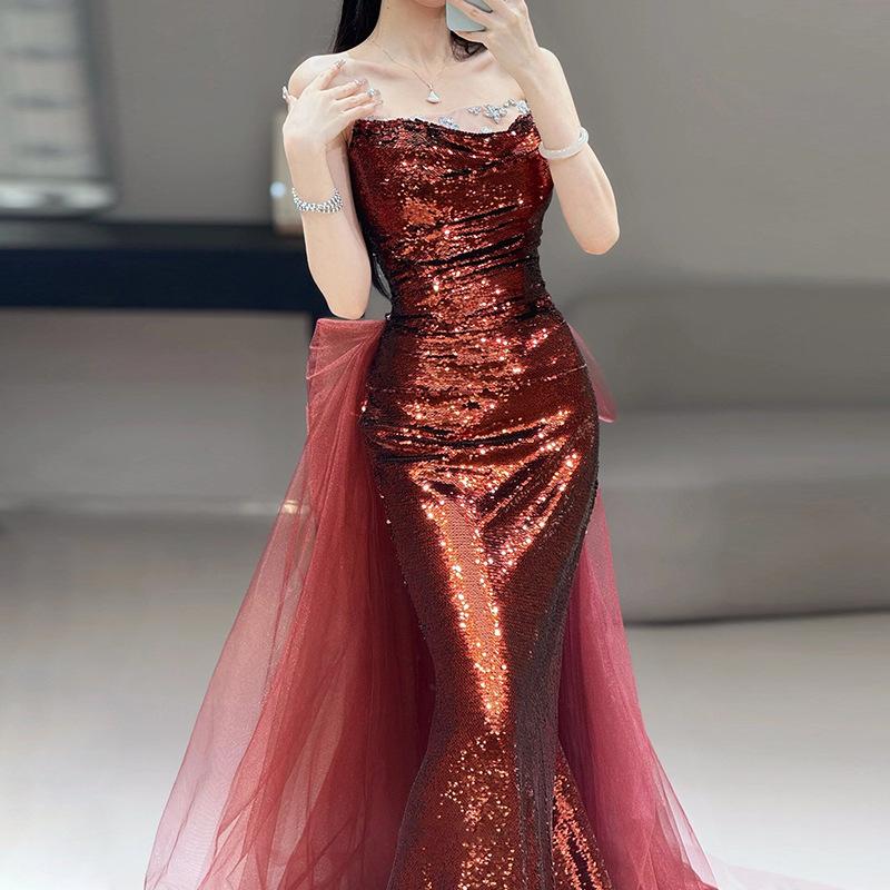 Fish tail evening dress burgundy tube top sequined dress temperament bride engagement banquet host toast dress