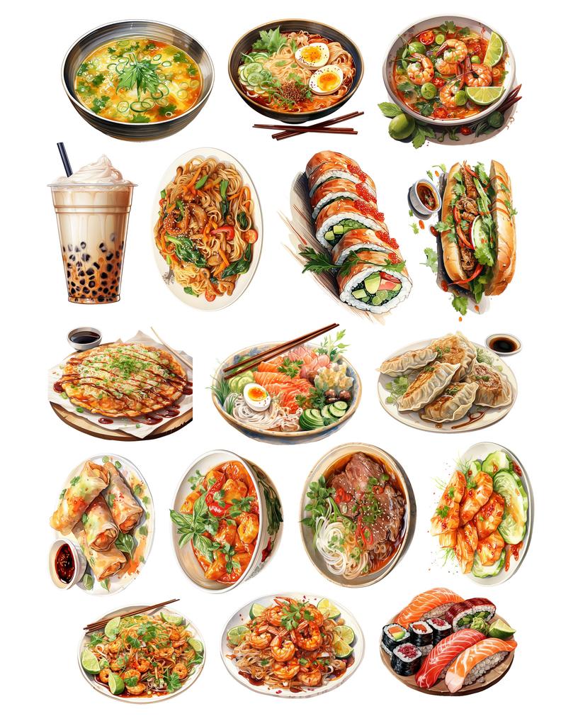 17pcs Cute Self-made Watercolor food sushi Southeast Asian cuisine Scrapbooking Stickers /Decorative /DIY Craft Photo Albums