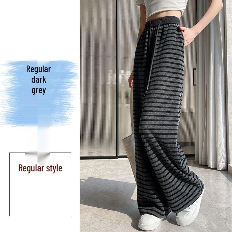 

Plus Size Striped Wide-Leg Knit Pants for Women - Autumn/Winter, High Waist, Drawstring, Casual Fit. 4XL [Recommended for 195-225 lbs]