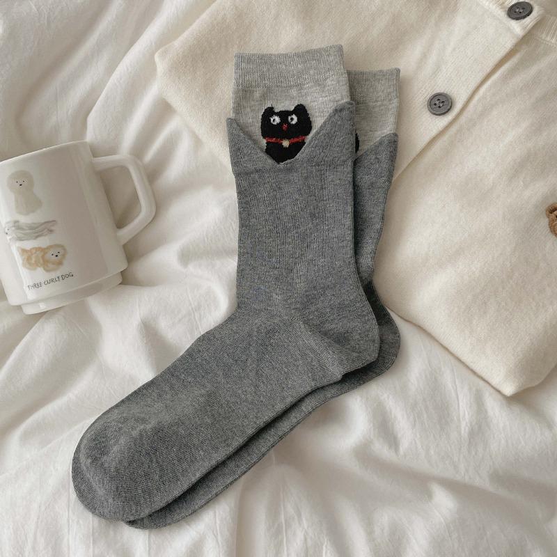 Fall/Winter Cotton Socks with 3D Cartoon Animals Edging - Women's Mid-Calf Socks - Cute Plush Socks