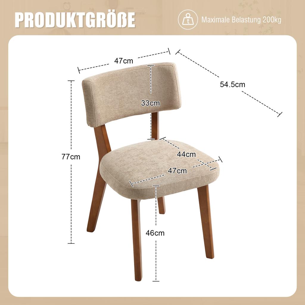 Modern Mid-Century Style Dining Chair Set of 2, Solid Wood Legs Fabric Padded Seat for Kitchen, Dining Room or Office (Khaki-colored Linen Fabric)