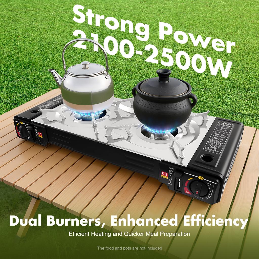 2-Burner Portable Camping Stove - 2100-2500W Butane Cooktop with Carry Case & Non-Stick Griddle for Grilling/Tailgating