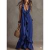 Women S Vintage Bohemian V Neck Short Sleeve Ruffled Long Dress