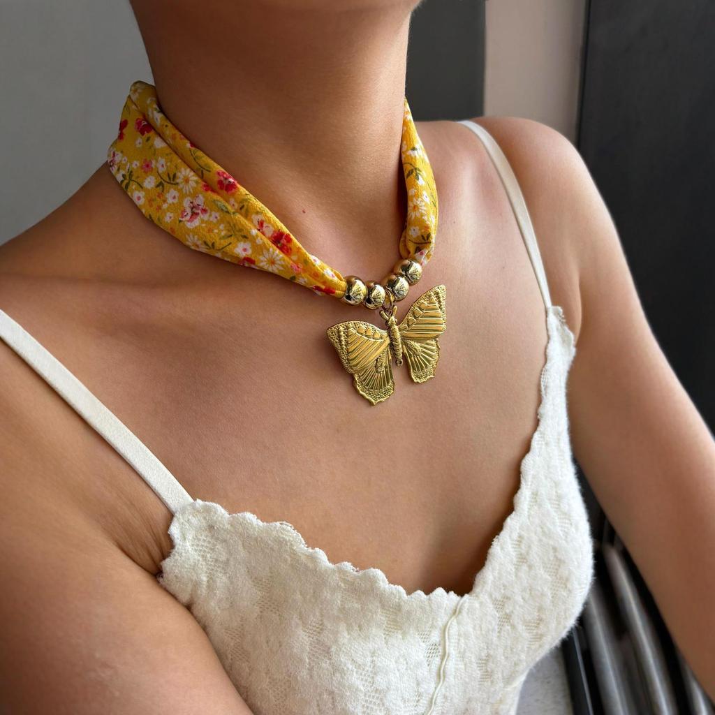 Retro Stainless Steel Butterfly Pendant Necklace with Fabric Strap - Versatile Light Luxury Jewelry for Women