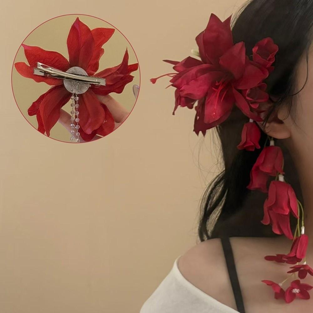 Red Rose Flower Hair Clips Artificial Flower Flower Petal Hairgrip Lily Tassels Hairpins Bridal