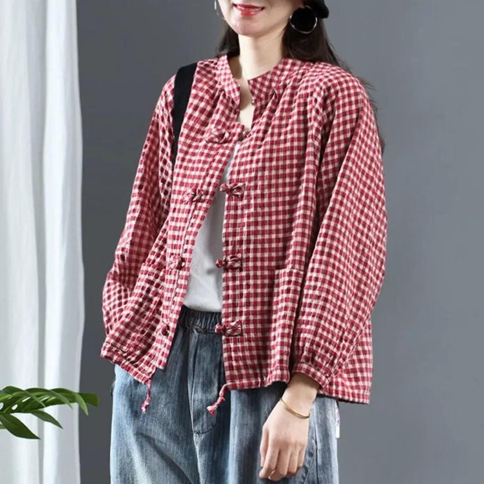 Women's Spring Vintage Buttoned Plaid Cardigan Drawstring Pattern Top