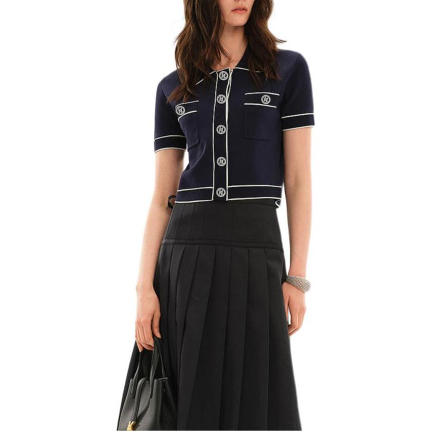 Karl Lagerfeld French Elegant Daily Commuting Dating Outfit Light Luxury Navy Style Short Sleeve Solid Color Knit Top Women Tops M22E2246