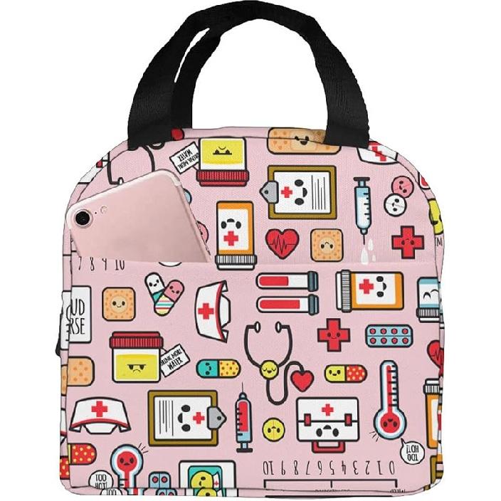Nurse Theme Lunch Bag for Women Insulated Tote Bag Reusable Cooler Lunch Box for Work Picnic Travel, One Size