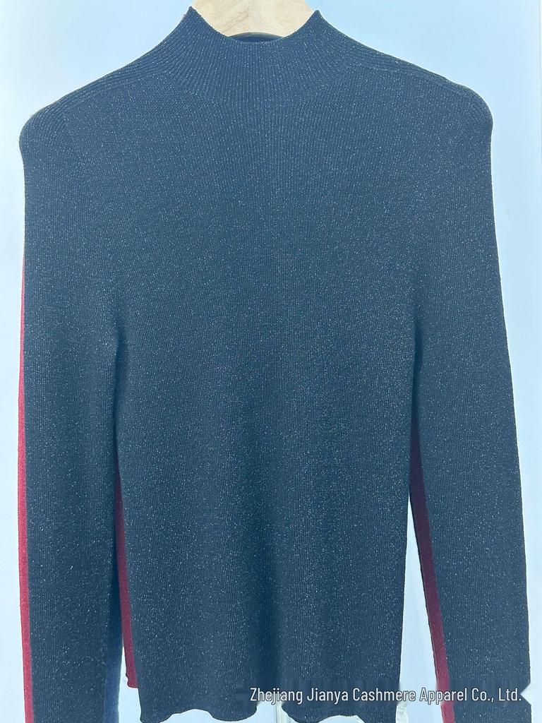 Machine Washable Metallic Thread Round Neck Sweater, Fine Spun Merino Wool, Half High Neck Base Layer
