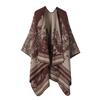Womens Open-Slit Cape Shawl With Fringe Trim Double-Sided Knit Wrap In Vintage Style Travel Warmth