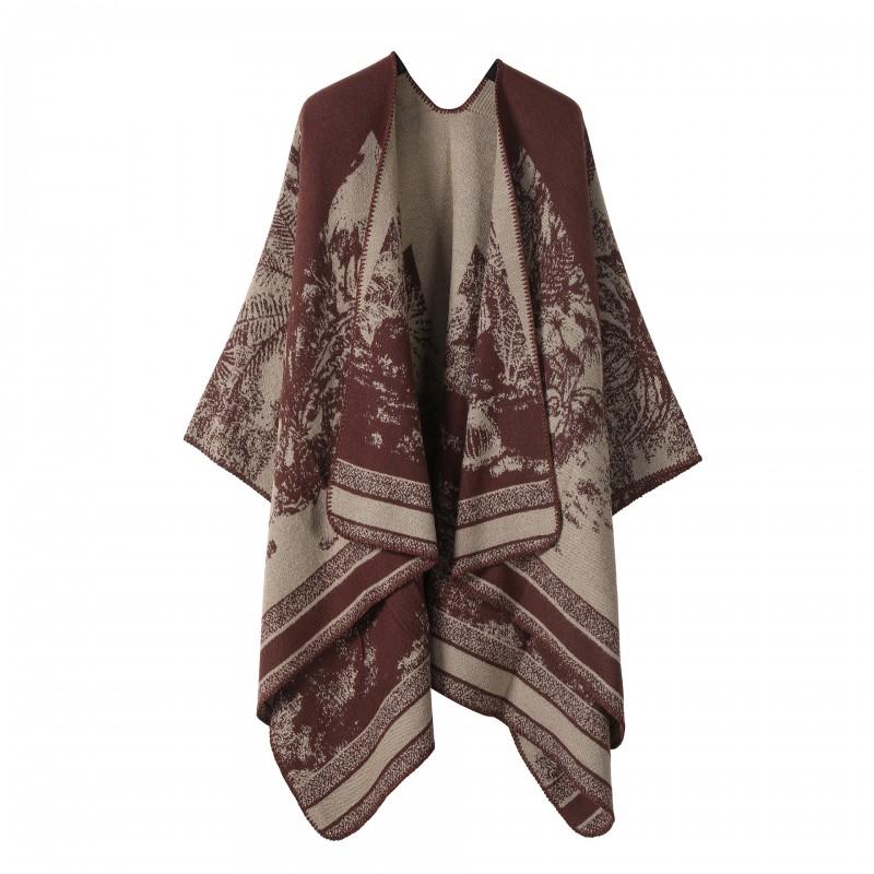 Womens Open-Slit Cape Shawl With Fringe Trim Double-Sided Knit Wrap In Vintage Style Travel Warmth