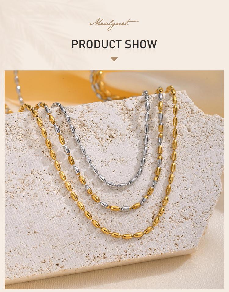 Women Olive Bead Chain Necklace, Stainless Steel Two Tone Beaded Chain Jewelry, Minimalist Party Necklaces Gift