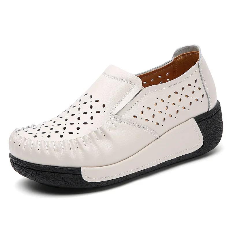 Fashion Spring and Summer Women Shoes Slip on Genuine Leather Sneaker Fashion Thick-soled Rocking Shoes Platform Wedge Loafers for Women