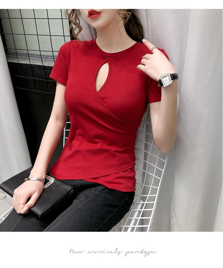Short-sleeved t-shirt women's new summer sexy irregular niche design sense hollow thin top front shoulder tide