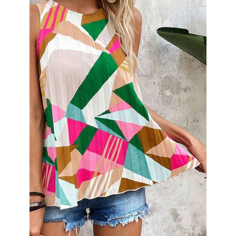 Summer New Arrival Geometric Print Pullover Sleeveless Tops Women 2025 European and American Leisure Loose Color Matching Outwear Vest Women