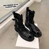 Schuhe Gewaschenes Schrumpfleder Schnalle Seitlicher Reißverschluss Grober Absatz Martin Stiefel Damen Herbst