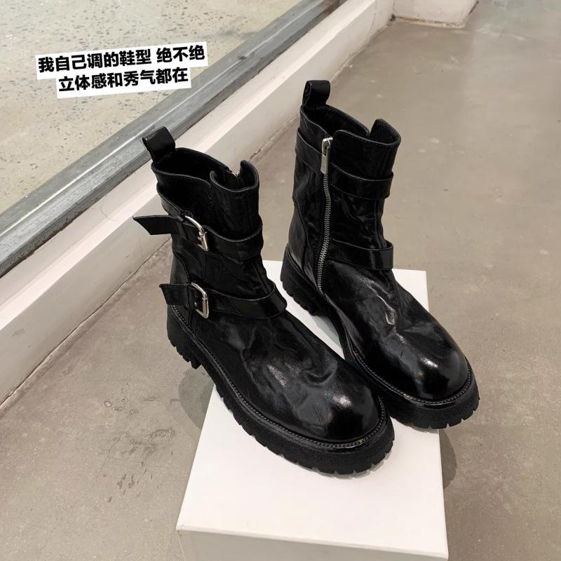 

Shoes Washed Shrinkled Horse Leather Buckle Side Zipper Coarse Heel Martin Boots Women s Autumn 34