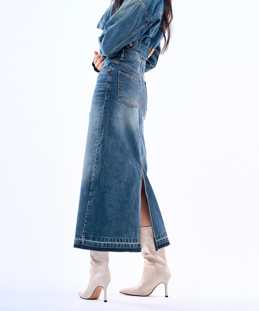 Pillogeulaem Asymmetrical Denim Long Skirt