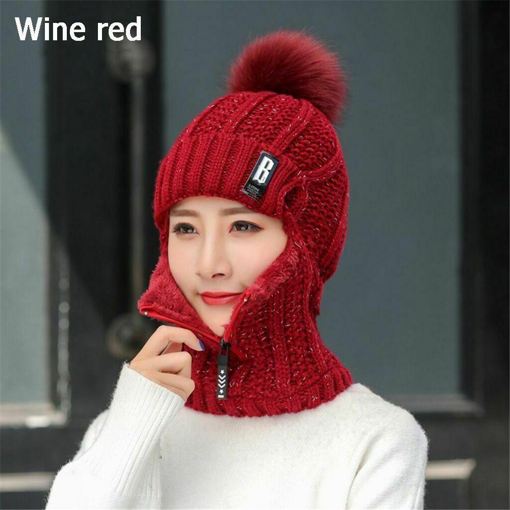 Hochwertiger Winter Siamese Schal Kragen Wolle Gestrickte Mütze Beanie Kappen Mütze Skifahren Reiten Bommel Mütze Plüsch Fleece Ohrenmütze(6 Farben)