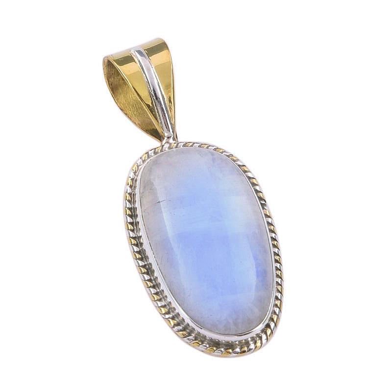 Natural Rainbow Moonstone Gemstone 925 Solid Silver Two Tone Pendant 1.50" z0W54
