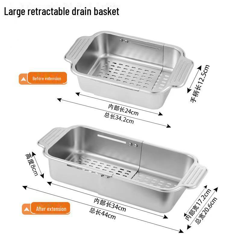 Universal 304 Stainless Steel Retractable Drain Basket for Sink - Rectangular, Thickened & Lengthened for Vegetable Washing