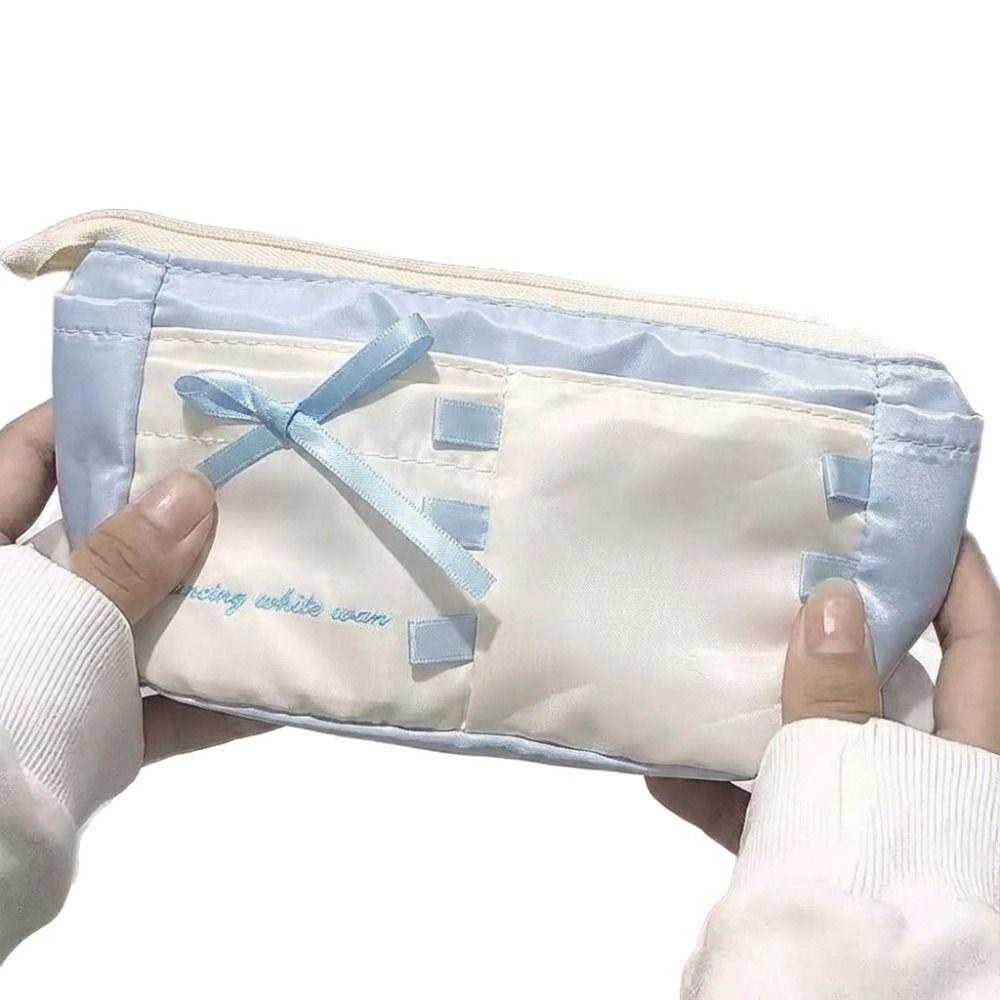 Multi-function Blue Ballet Style Pen Bag Bow Ribbon Large Capacity Pencil Case Stationery Organizer Student