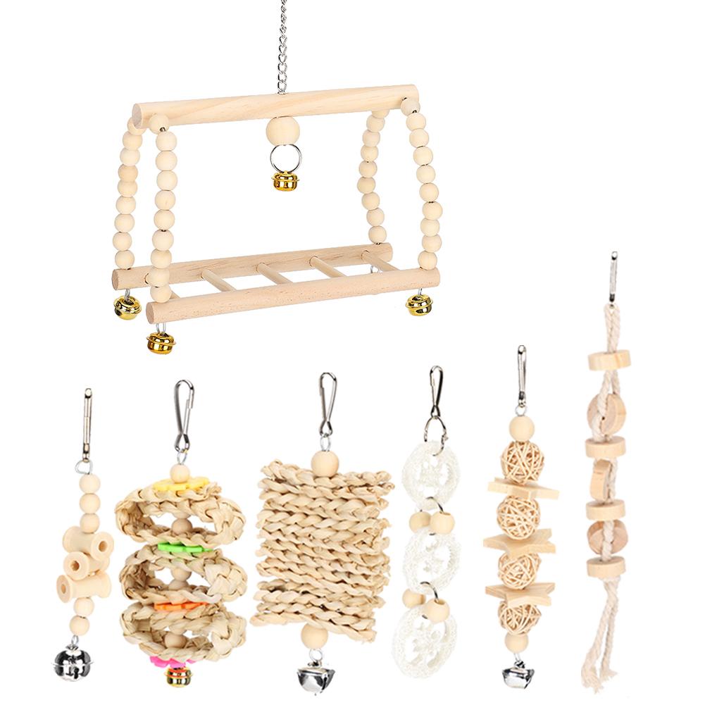 7PCS/Pack Parrot Toy Set Hanging Swing Bells  Wooden Bridge Chewing Parts Supplies