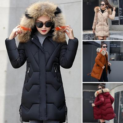 Winter Women Cotton Jacket with Furry Hood Neck Protection Pockets Mid Length Zipper