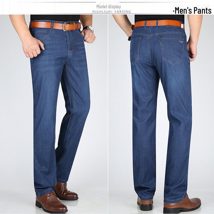 Men's High-Quality Cotton Elastic Waist Straight-Leg Jeans for Summer - Business Casual Solid Color Pants