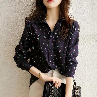 Wiosenna i Jesienna Koszula z Długim Rękawem z Nadrukiem Retro Casual Koszula w Kwiaty Koreańska Moda Top