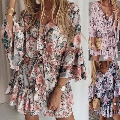 Women Mini Dress Short Holiday Chiffon Pink Print Ladies Summer Dress