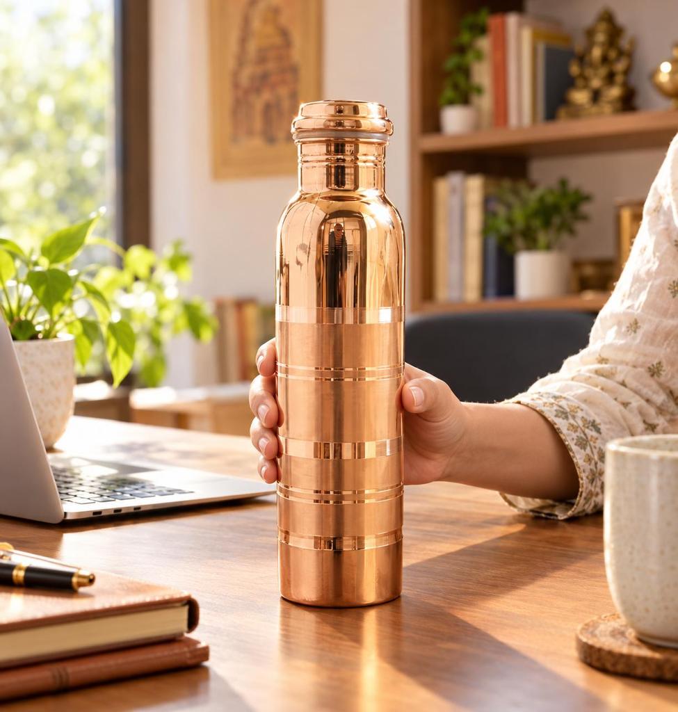 Nirmal Ganga Silver Touch Luxusná medená fľaša 1L (Balenie 2 ks) | Prémiová medená fľaša na vodu | Elegantná a nepriepustná