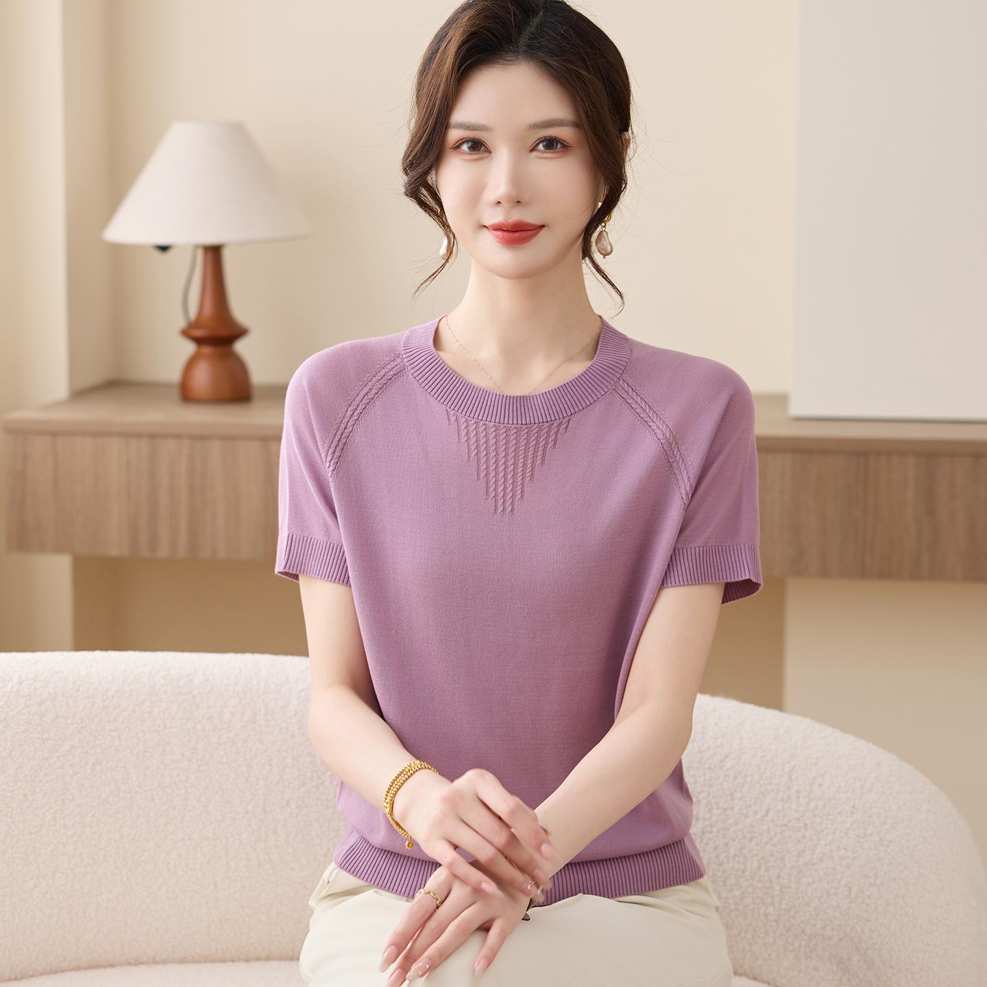 

Mom s 2026 Summer Ice Silk Petite Blouse - Stylish Short-Sleeve T-Shirt for Middle-Aged & Elderly Women L (80-100 jin) фіолетовий