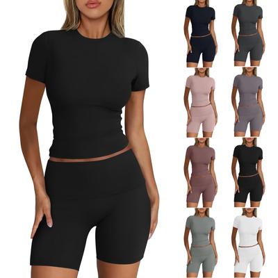 Women's Fashion Solid Color Round Neck Slim Fit Short Sleeved Top Shorts Casual Sports Sets Sweatsuits