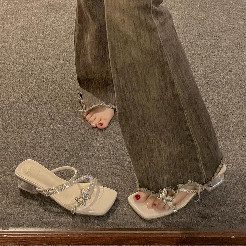 Thick-heeled Slippers Summer Wear 2025 New Fairy Wind Butterfly Rhinestone Temperament Transparent Crystal and Cool Slippers