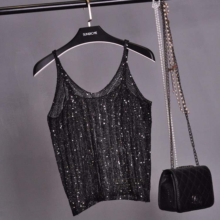 

Женский модный трикотажный камисоль с пайетками - С вырезами, Блестящий, Дышащий, Сексуальный и Стильный One Size чёрный